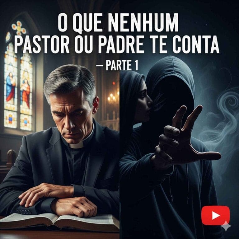Imagem de um pastor pensativo ao lado de uma figura encapuzada, simbolizando segredos religiosos.