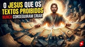 Jesus com livros antigos e textos proibidos do Evangelho da Infância de Tomé.