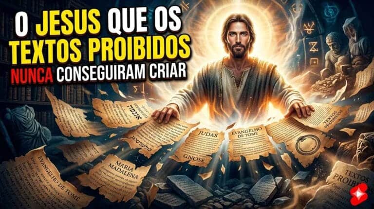 Jesus com livros antigos e textos proibidos do Evangelho da Infância de Tomé.